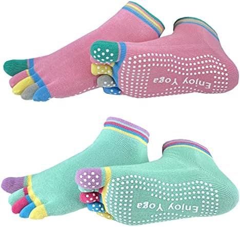 FOX-TECH 2 Pairs Yoga Socks for Women with Grips, Pilates Socks, Barre Socks ,Women's Non-Slip Grip Toe Socks (Pink /Mint Green)