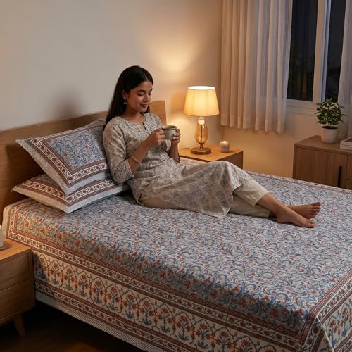 Image of Mafatlal 144 TC Heritage Queen Size (90x108 inches) Floral Printed Double Bedsheet with Pillow Covers | Soft 100% Pure Cotton Bedsheet Set | Tribal Multicolor