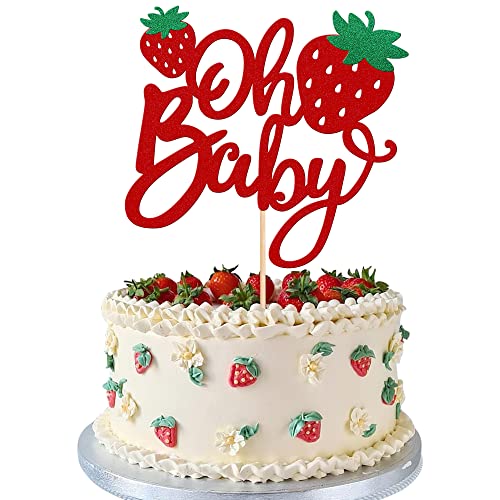 1 PCS Strawberry Oh Baby Cake Topper Glitter Baby Shower Strawberry Cake Pick Fruit Theme Oh Baby Cake Decoration for Baby Shower Kids Boys Girls Birthday Party Decorations Supplies Red