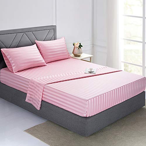 Image of Lanest Housing Satin-Silk Sheets Twin XL Size Bed Set, Pink Soft Cooling Deep Pocket Sheets, Hypoallergenic, Wrinkle and Fade Resistant Bedding Set, Striped
