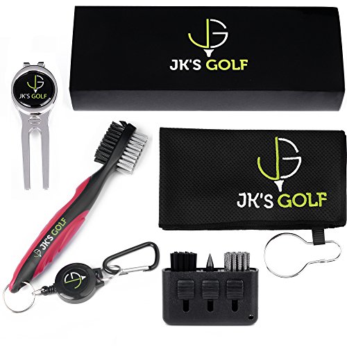 Golf Brush Kit - Golf Club Cleaner Set - Golf Gift, 2X Golf Club Brushes, Microfiber Towel, Club Groover, Divot Tool, Ball Marker & Clip - 3-in-1 Pocket Brush - Golf Accessories & Cleaner (Red)