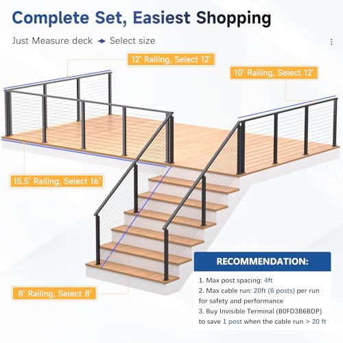 Zylorix 8ft-12ft Complete Set 42\" Deck Cable Railing System with Handrail Cuttable, T304 Stainless Steel Black Level Drilled Cable Railing Posts Kit with 1/8\" Cable Railing Hardware for Outdoors - Thumbnail 6