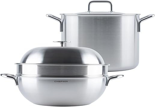 316 Stainless Steel 2-Piece Cookware Set - 12.6-Inch 6.3 Quart Wok Pan with Lid & Steamer + 12.7 Quart Heavy Duty Stock Pot with Lid, 5Ply, Induction Compatible, Dishwasher Safe