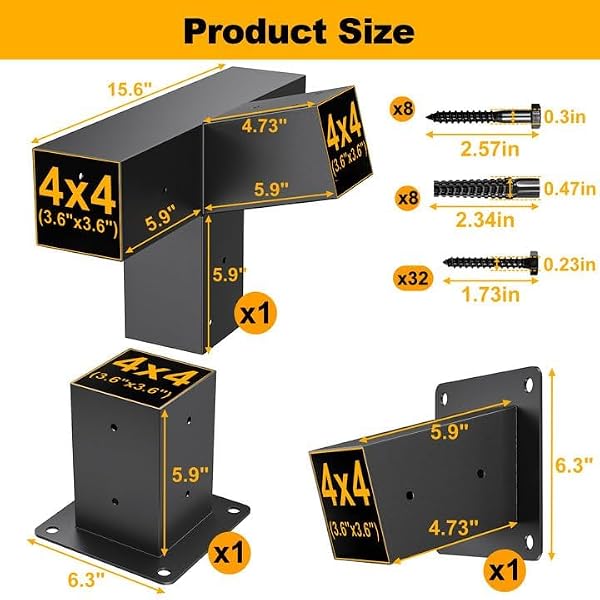 Heavy Duty 15°Slanted Roof Wall Mount 4x4 Pergola Bracket Kit,TROPTOLKY Angled 4x4 Wood Post Bracket,DIY Pergola Gazebo Kit 4-Way(3PCS) by TROPTOLKY - Image 5
