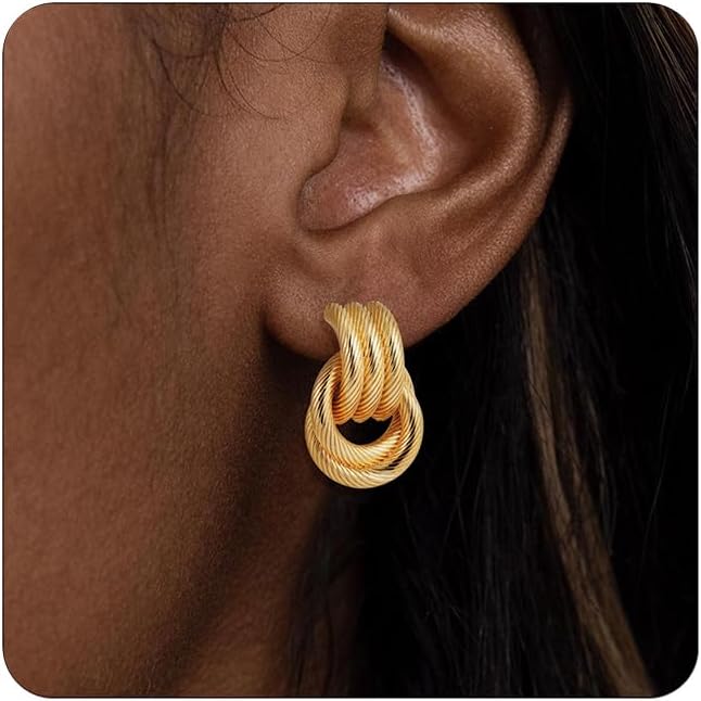 SLOONG Chunky Gold Earrings for Women, 14K Gold/SIlver Plated Geometric Knot Dangle Drop Earrings Hypoallergenic Gold Jewelry for Women