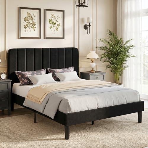 Image of VECELO Full Size Bed Frame with Upholstered Headboard, Velvet Platform Bedframe Mattress Foundation, Strong Wood Slat Support, No Box Spring Needed,Black