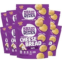 Brazi Bites Gluten-Free Brazilian Cheese Bread Garlic Asiago | Vegetarian Frozen Bread Snacks | Soy-Free | No Artificial Ingredients | No Preservatives | 11.5 oz. pouches 8-pack