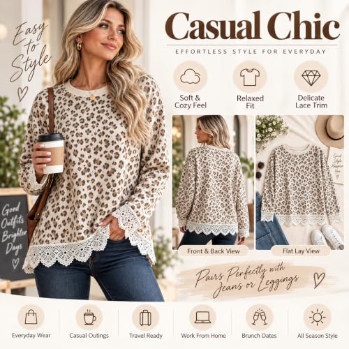 Leopard Sweatshirt for Women, Crewneck Long Sleeve Pullover with Lace Trim - image 3