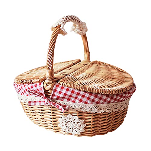 Panier de pique-nique en osier rouge avec double couvercle pour camping