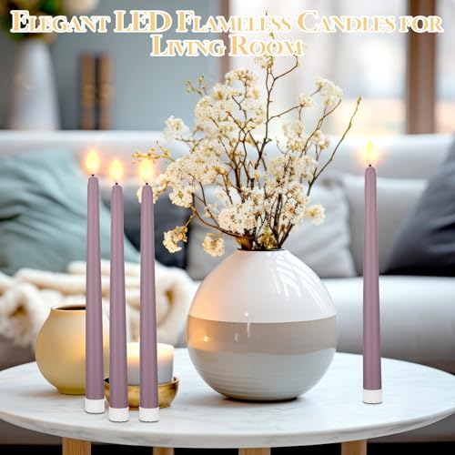 Image of Macarrie 24 Packs Flameless Taper Candles Battery Operated Fake 11 Inch Long Candlelight LED Flameless Candlesticks Flickering Tapered for Summer Fall Wedding(Light Purple)