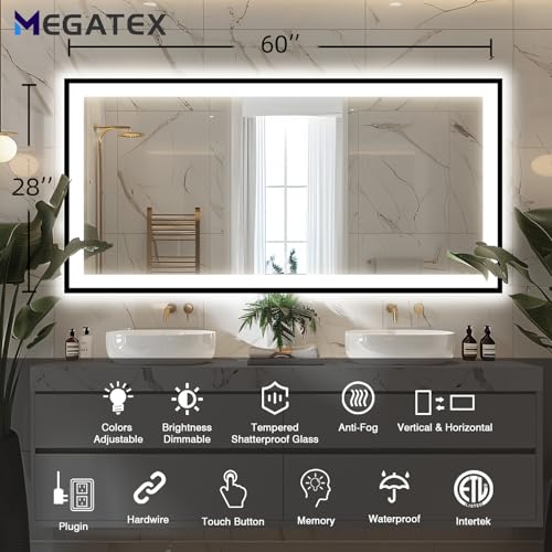 60x28 Bathroom LED Mirror, Black Aluminum Edge Lighted Mirror, 3 Colors Stepless Dimmable Vanity Mirror, Skincare, Anti-Fog, Shatter-Proof, ETL Listed, Memory Smart Mirror(Horizontal/Vertical)