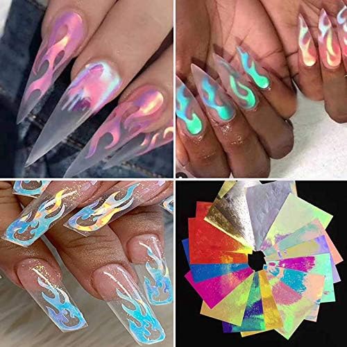 Flame Reflections Nail Stickers - 16PCS Halloween Holographic Fire Flame Nail Art Decals 3D Vinyls Nail Stencil for Nails Manicure Tape Adhesive Foils DIY Decoration