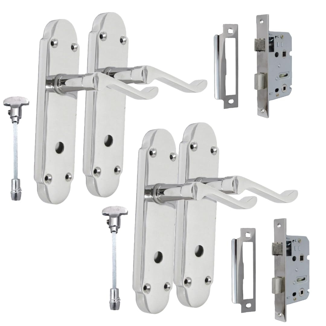 Epsom Door Handle Silver Chrome Internal Lock Door Handles - Door Handles Internal Sets, Chrome Door Handle Set For Internal Doors, Door Handle In Chrome (2 Pair Of Bathroom Handles + Bathroom Sash Lock)
