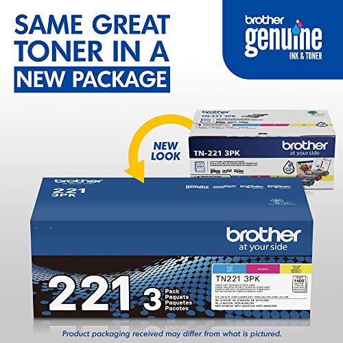Brother Genuine Standard-Yield Toner Cartridge Three Pack TN221 3PK -Includes one Cartridge Each of Cyan, Magenta & Yellow Toner, Standard Yield (TN2213PK), Cyan, Magenta, Yellow