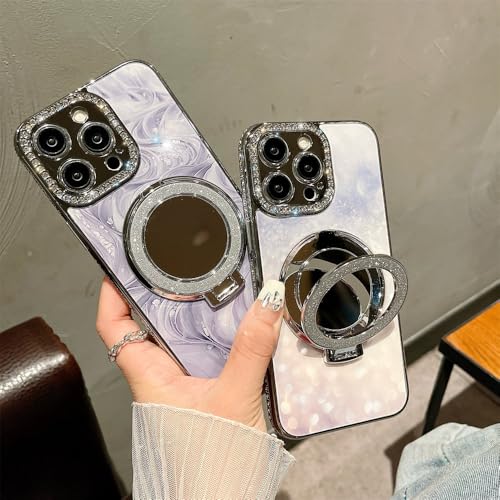 Coque miroir diamant pour iPhone 15 Pro Max, étui de luxe violet avec support magnétique chic - 5