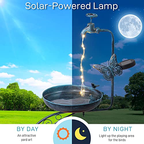 VEWOGARDEN Blue Bird Baths for Outdoors Metal Garden Bird Bath with Solar Lamp Vintage S Birdbaths with Flower Planter Pedestal Standing Bird Feeder(36" H * 19.6" W) - Thumbnail 3