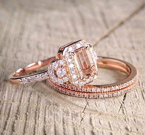 Duan Gorgeous 18K Rose Gold Filled Morganite Ring Engagement Bridal Women Jewelry Set Size 6-102