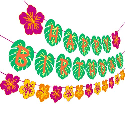 Bannière hawaïenne Happy Birthday et guirlande feuille de palmier pour déco anniversaire