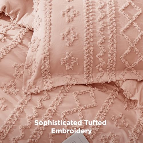 Image of Bedsure Tufted Boho Comforter Set King Size - Light Pink Boho Bed Set, GentleSoft 3 Pieces Farmhouse-Style Embroidery Bedding, Gifts for Woman, Soft Jacquard Kids' King Comforter for All Seasons