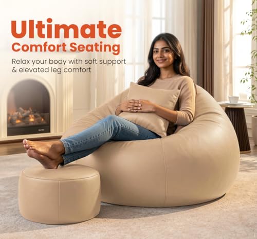 Image of Sattva Classic 4XL Bean Bag Chair with Beans Filled | Faux Leather Sofa Style Beanbags with Footstool & Cushion | Pre-Filled Bin Bags for Adults & Kids | Beam Bag Seating for Home & Office - Cream