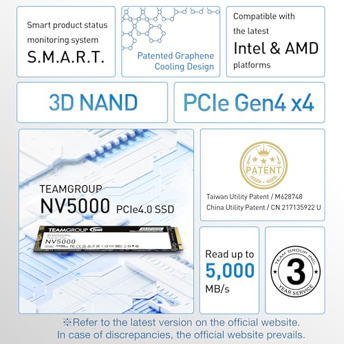 Image of TEAMGROUP NV5000 1TB SLC Cache NVMe PCIe Gen4x4 M.2 2280 Laptop, Desktop SSD Read /Write Speed up to 4500 / 1900MB /s TM8FGM001T0C101