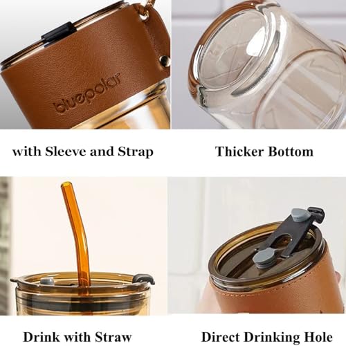 Image of BLUEPOLAR 13 oz Tumbler Water Glass, Water Bottle with Straw and Dustproof Lid, Coffee Ice Cup Double Wall Insulated Glass Cup (White with Sleeve and Strap)