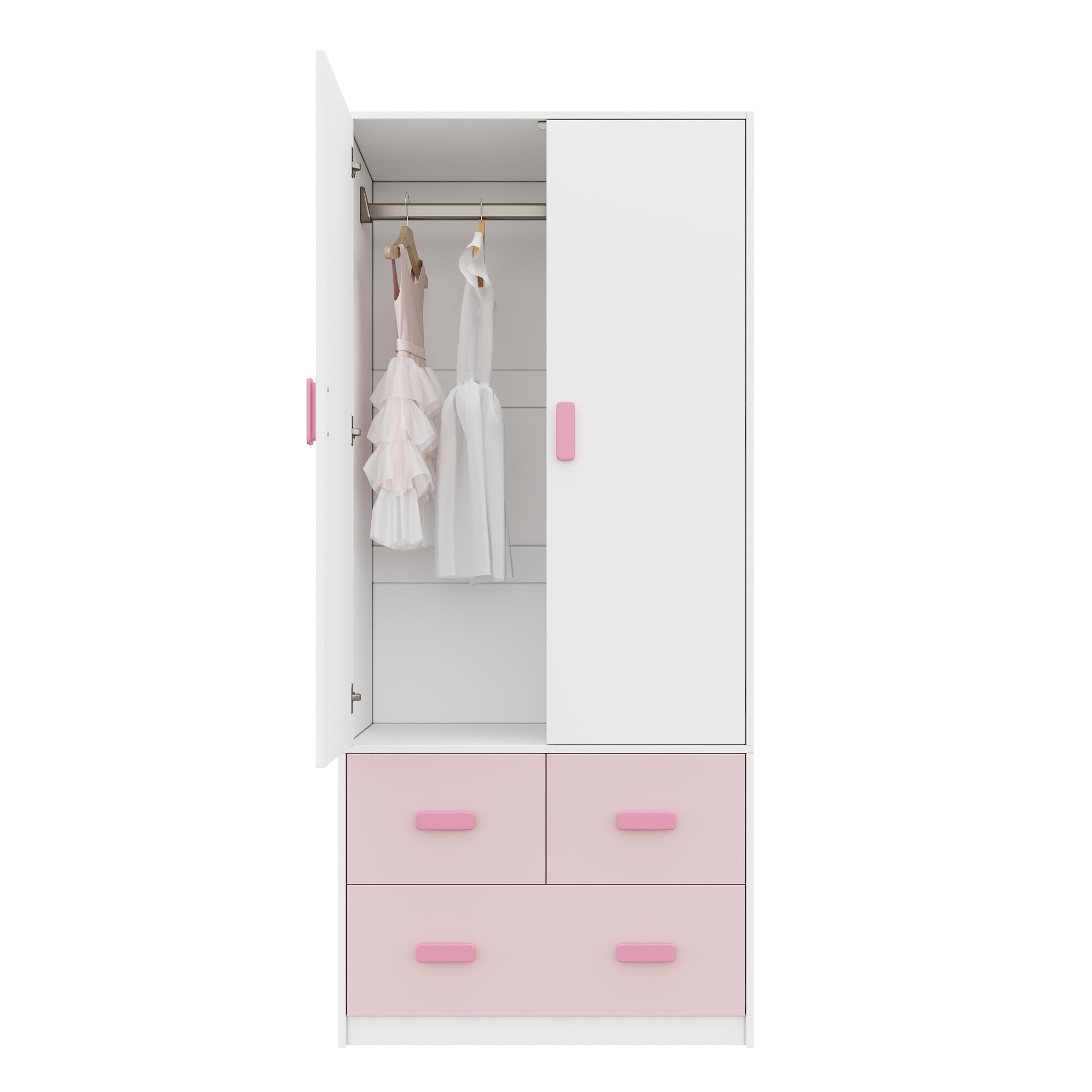 Armario infantil de 2 puertas, mueble de dormitorio, con barra colgante y 3 cajones, bicolor blanco y rosa, 80×48×180 cm