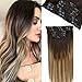 Produktbild LaaVoo Clip In Extensions Echthaar 100% Remy Echthaar 120g Doppelt Tressen Haarverlängerung Dunkelbraun zu Mittel Braun und Aschblond 55cm Dicke Haar 7 Tressen