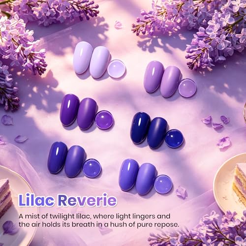 Image of Beetles Purple Gel Polish Set - Lalic Reverie Collection, Purple Blue Summer Colors Gel Trendy Colors Soak Off LED Nail Gel Manicure Kit for DIY at Home Salon | 6 purple and blue gel colors for trendy fall manicures and nail art; soak off and cure with a UV /LED lamp.
