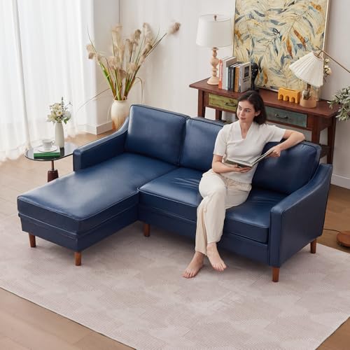 Image of Kingfun 88 inch L-Shape Sofa, Faux Leather Sectional Couch, Mid Century Modern Couches with Solid Wood Frame for Living Room Bedroom