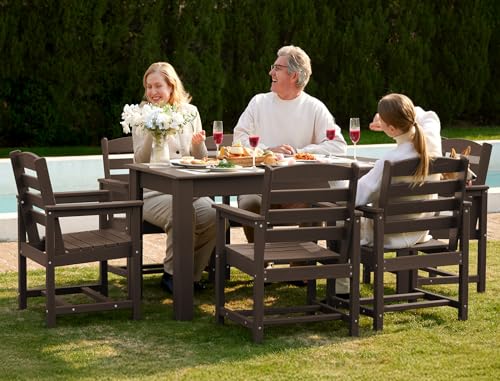 Image of SERWALL 59 inch HDPE Patio Dining Set for 6, w / 1 Table & 6 Armchairs, Coffee