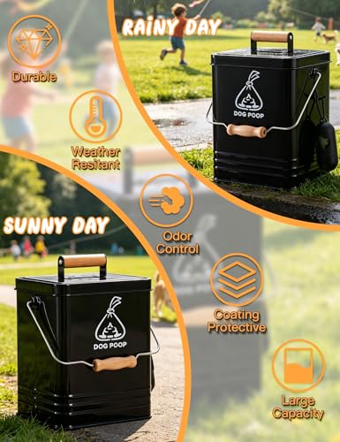 Image of Dog Poop Trash Can Outside, Metal Pet Waste Trash Can with Lid & Handle, 5L /1.3Gal Dog Waste Station with Bag Holder & 30 Bags(Black)
