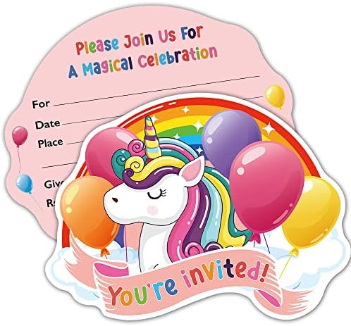 ZBBFSCSB 15 Pack Rainbow Unicorn Shape Filler Invitations with Envelopes, Unicorn Birthday Party Invitations for Girls, Magic Journey Themed Party Invitations, Balloon Unicorn Party
