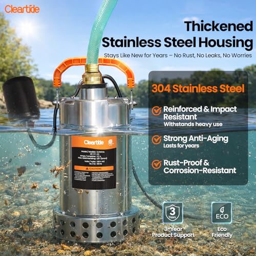 Image of Cleartide Stainless Steel Submersible Water Sump Pump with Float Switch, 1 /2 HP, 3060 GPH Ideal for Pool, Yard, Flooded Cellar & Basement, Hot Tub, Pond, and Garden Draining, 10 FT Cord