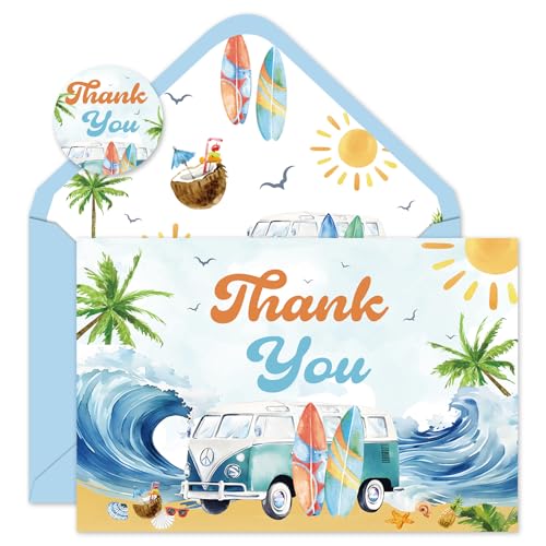 Whaline 24 Pack Surfing Thank You Cards Summer Beach Palm Tree Note Card with Envelopes Stickers Blue Hawaiian Greeting Blank Card for Summer Birthday Baby Shower