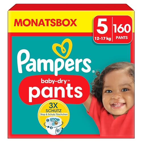 Pampers Windeln Pants Größe 5 (12-17kg) Baby-Dry, Junior mit Stop- und Schutz Täschchen, MONATSBOX, 160 Höschenwindeln