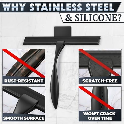 Image of Shower Door Squeegee with Hook - 10 inch Silicone Blade, Stainless Steel Black Squeegee for Shower Glass with Adhesive Mount - All-Purpose Bathroom Tile, Mirror, & Window Wiper for Streak-Free Cleaning