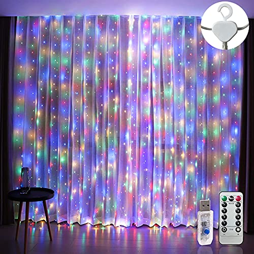 Augone Curtain Fairy Lights Waterproof3m×3m 300LED String Lights for Bedroom with 8 Modes Remote Control TimerUSB Fairy Lights for Garden Party Wedding DecorationsMulti-Colored