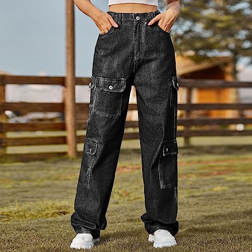 Womens Cargo Jeans with Multi-Pocket Fashion Wide Leg Loose Fit Teen Girls Y2K Going Out Jeans Casual Work Denim Pants3