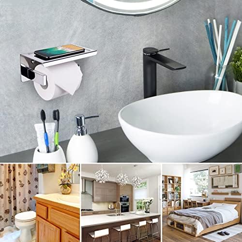 Toilet Roll Holder with Shelf, Two Installation of Wall Mounted with Adhesive or Screws, SUS 304 Stainless Steel Toilet Paper Roll Tissue Holder for Bathroom Washroom - Chrome