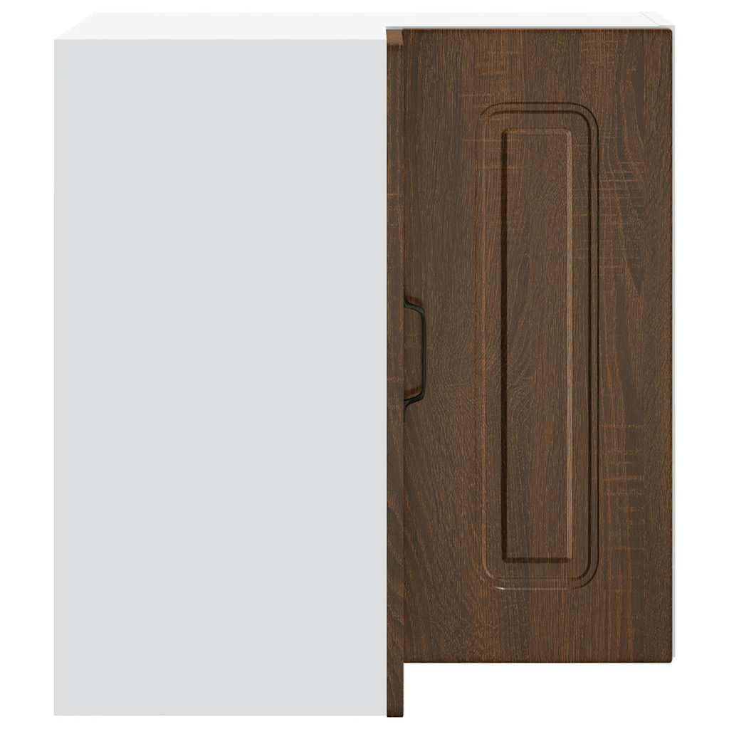 Eck-Wandschrank, Küche, Holz, Eiche, Braun | Glatte Oberfläche, feuchtigkeitsbeständig, verdeckte Tür, Wandhalterung, pflegeleicht, feuchtes Tuch