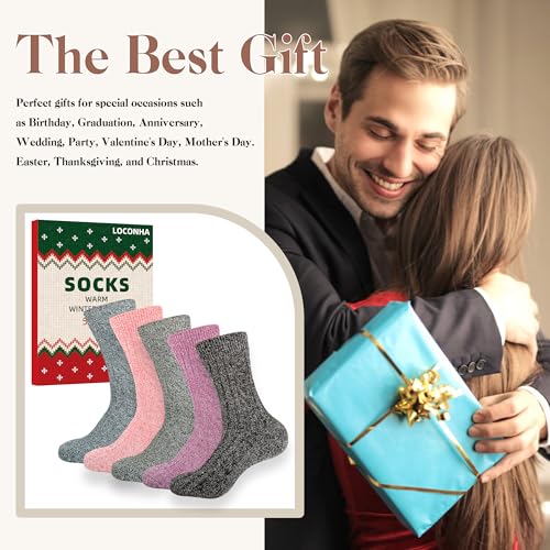 Image of LOCONHA Womens Wool Socks 5 Pairs Winter Warm Sock Thick Knit Cabin Cozy Crew Soft Socks Gifts for Women