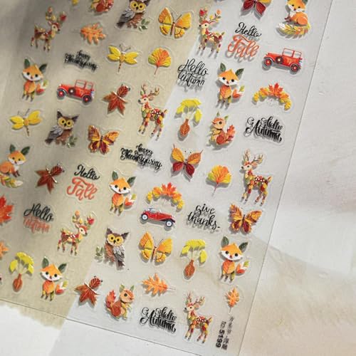 Image of Fall Leaf Nail Art Stickers Fox Deer Nail Decals for Nails Art Autumn Leaf with Design 5D Embossed Self Adhesive Nails Stickers for Women Girls Kid Manicure DIY Decoration