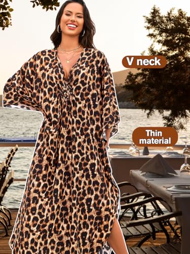Print Moo-Moos for Women, Kaftan Cover-Up Dresses, Sexy V-Neck High-Slit, Beach Pool-Party Coverups Muumuu Plus4