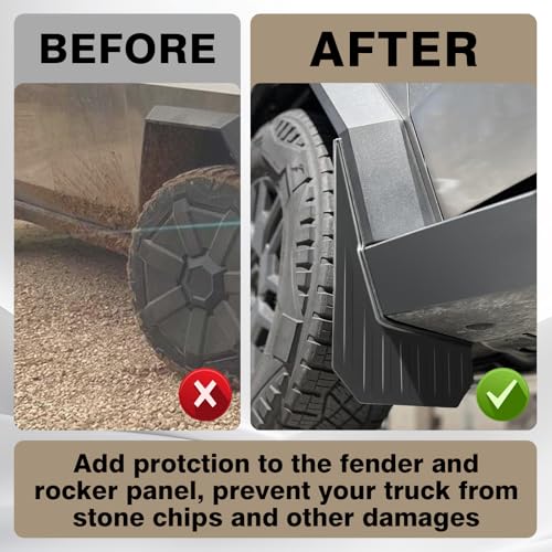Image of Muslogy Rally Style Mud Flaps Compatible with Tesla Cybertruck 2023 2024 2025 Mudguard Splash Guards Fender Protection Front & Rear 4pcs Set TPE Material All Weather No Drilling Exterior Accessories