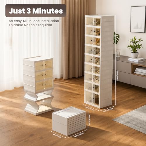 Image of Foldable Shoe Organizer Storage Box, Portable Extra Large Folding Shoe Rack for Closet, Shoe Storage Box with Magnetic Transparent Door and Wheels, 9 Layers 18 Grids with 2 Big Grids
