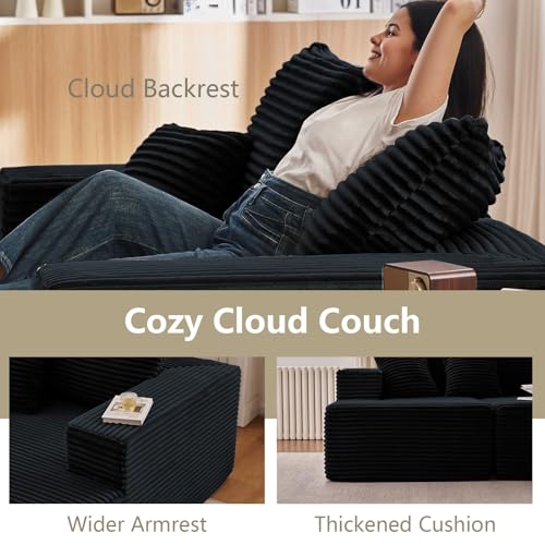 Image of 140 inch Sectional Cloud Couch for Living Room, Stupendous U Shaped Sofas, Modular Floor Deep-Seat Sofa, Big Comfy Corduroy Couches Set with Fluffy Memory Foam, No Assembly Required, Black