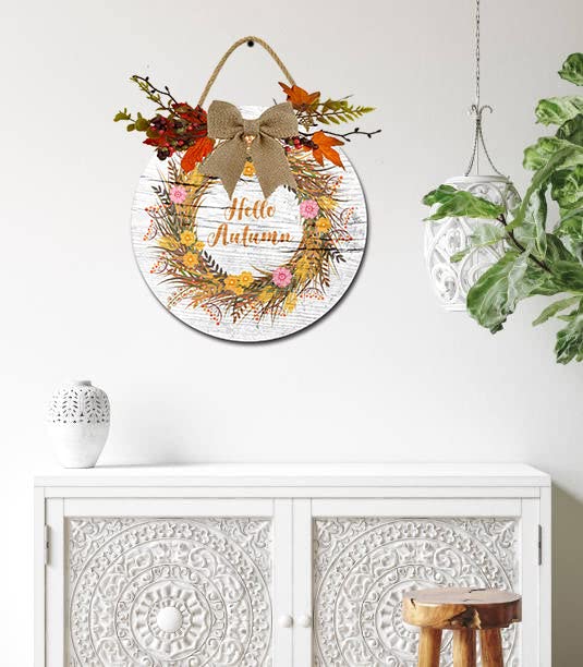 Cartello Rotondo In Legno 'Hello' Con Fiori E Girasoli Per Porta O Parete, Decorazione Rustica Per Esterni E Interni, 30 Cm