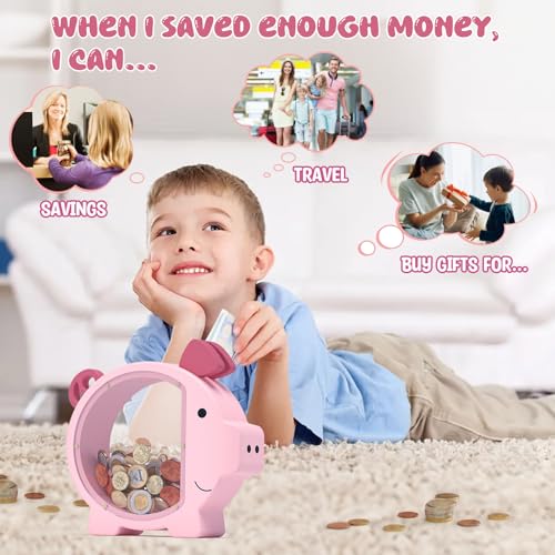 Image of Piggy Bank for Kids Girls, Pink Kids Piggy Bank with Creative DIY Stickers