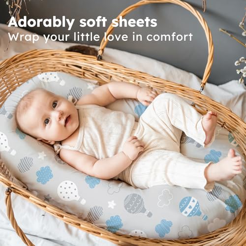 Image of Baby Bassinet Sheets, 3 Pack Fitted Bassinet Mattress Sheets, Compatible with Halo Bassinest Swivel Sleeper & Oval Hourglass Rectangle Mattress, Ultra Soft Blue Cloud Animal